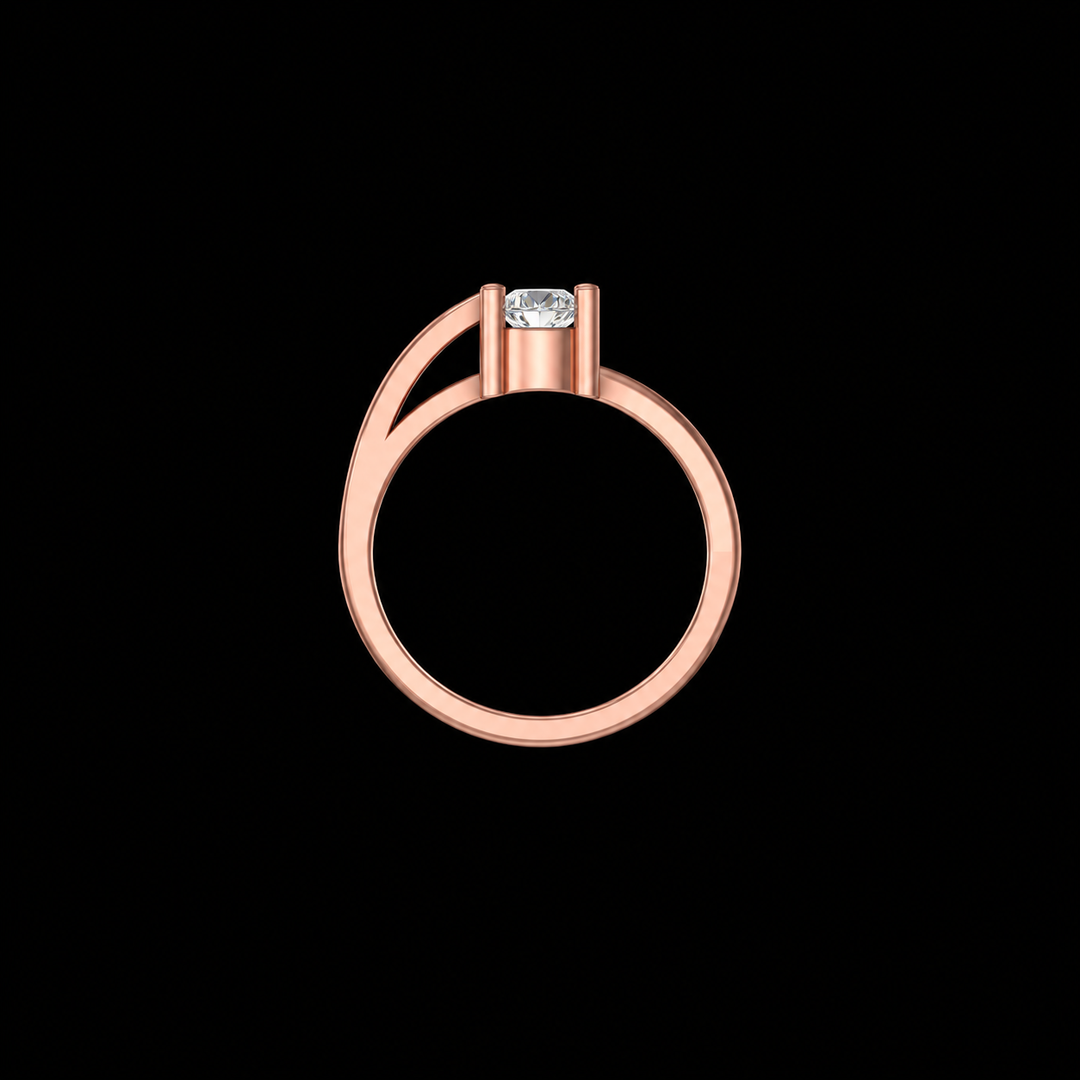 Rose gold ring with a diamond on a black background