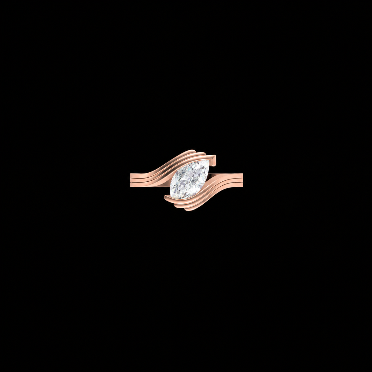 Rose gold ring with a diamond on a black background