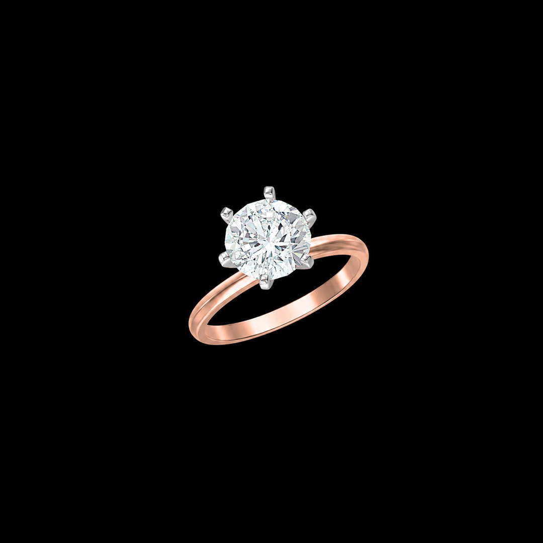 Rose gold ring with a diamond on a black background
