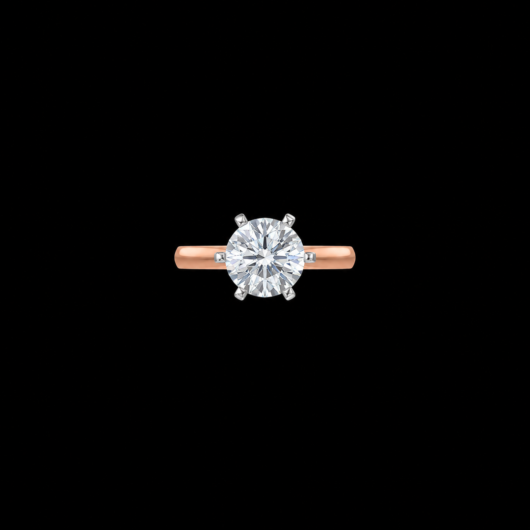 Rose gold ring with a diamond on a black background