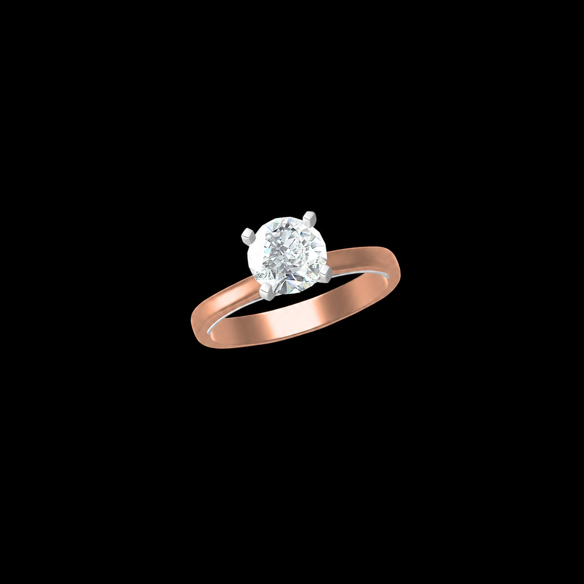 Rose gold ring with a diamond on a black background